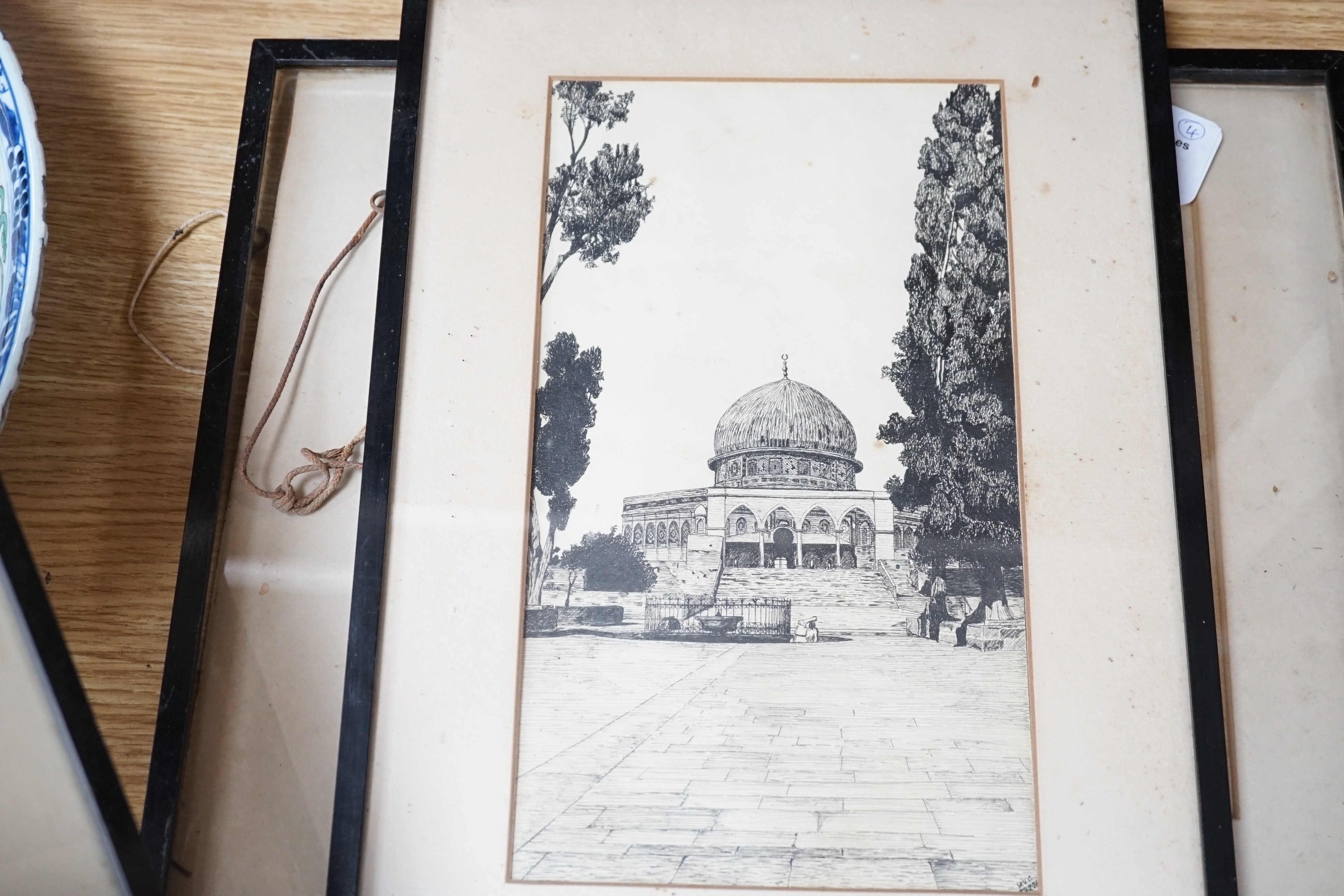 WVC 1926, four pen and ink drawings, Two men riding a camel and three views of mosques, largest 19 x 26cm